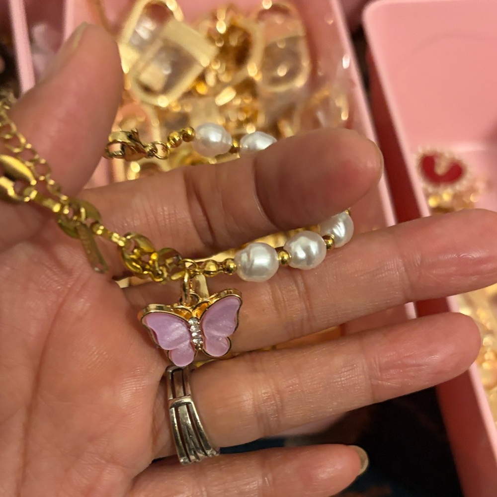 Gold and Pink Butterfly Charm Bracelet
